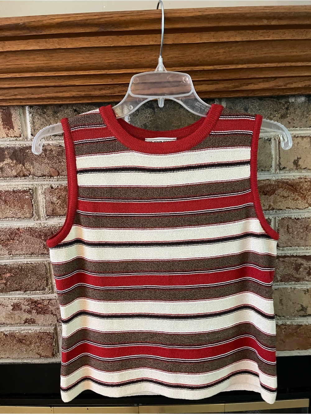 St. John Sport Sleeveless Striped Knit Tank Top - Red, Cream, Brown